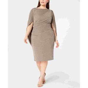 Betsy & Adam Women's Plus Size Metallic-Knit Cape Dress Beige Size 20W